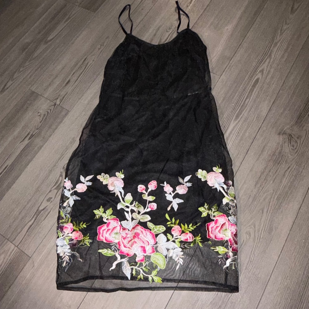 ABS Collection Black Shimmer Mesh Floral Embroidered Slip Dress Size 6 NWT